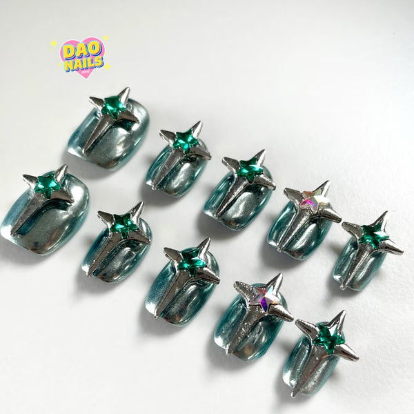 Cyber Metallic Star -Handcrafted Press-On Nails – Artisan Design